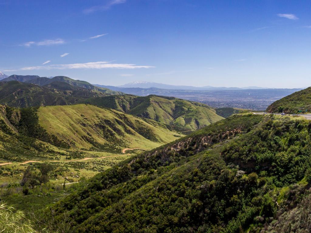 San Bernardino Mountains, San Bernardino County, California, USA with a colorful view of the San Bernardino Valley from the San Bernardino Mountains on a sunny day, Rim of the World Scenic Byway.