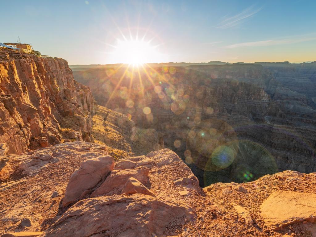 Grand Canyon, Arizona, USA with a beautiful landscapes of the Grand Canyon, an amazing view of the sunset over the red-orange rocks that are millions of years old at sunset.