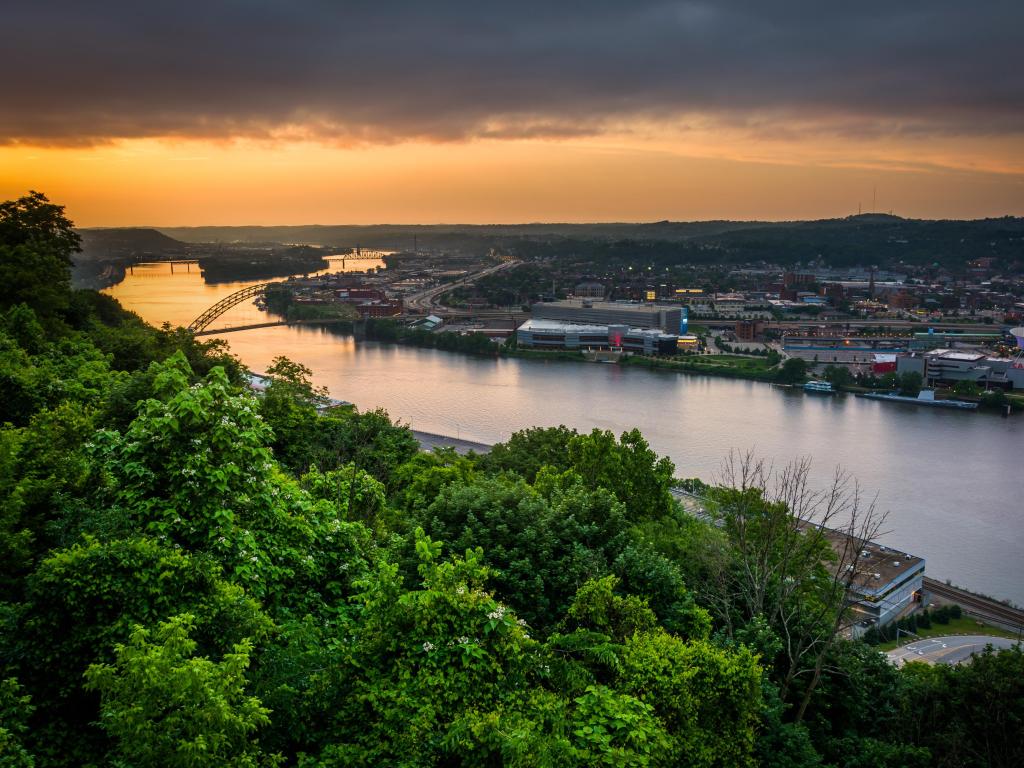Orange sunset over the Ohio River in Pittsburgh, Pennsylvania