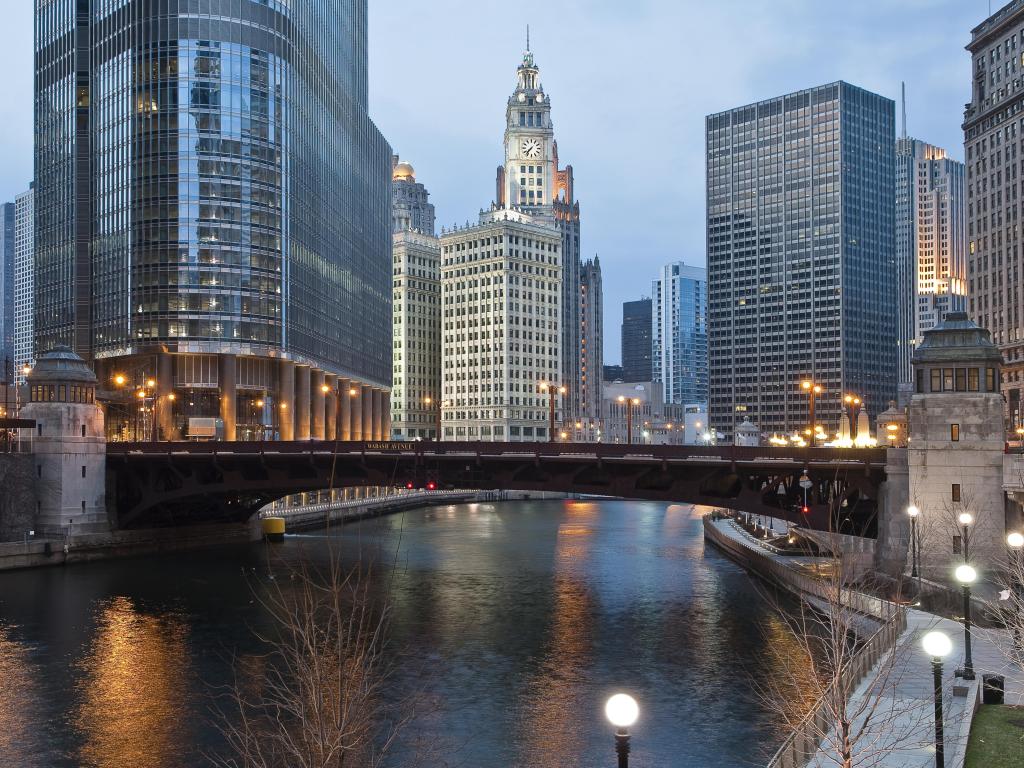 Chicago downtown by the river at twilight