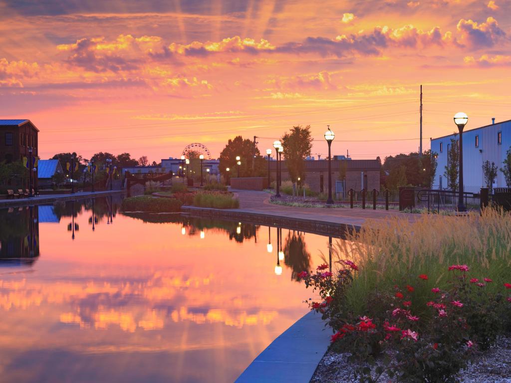 Sunrise over Carroll Creek in downtown Frederick, Maryland.