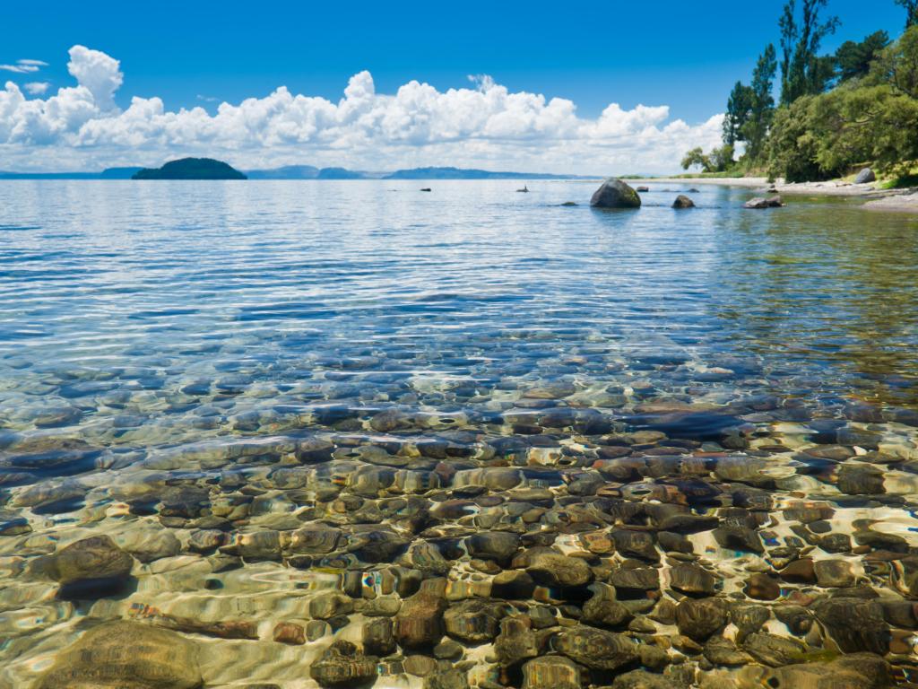 Lake Taupo, New Zealand with crystal clear water of Lake Taupo in the North Island of New Zealand.