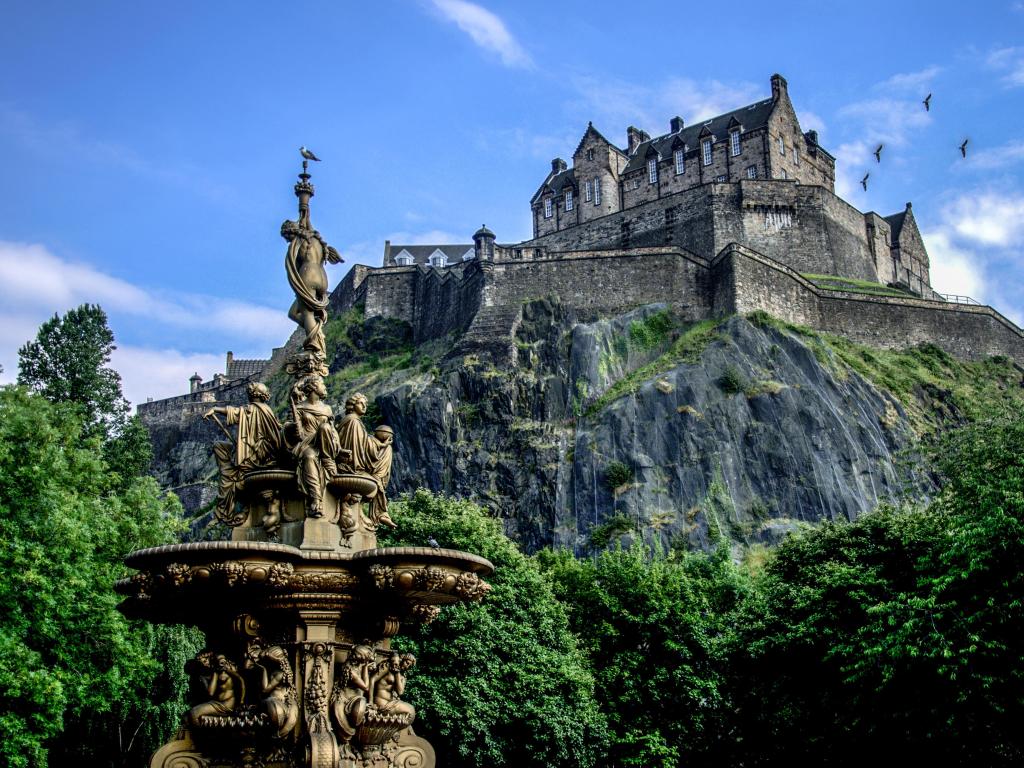 Edinburgh Castle, Scotland during summer against a blue sky.