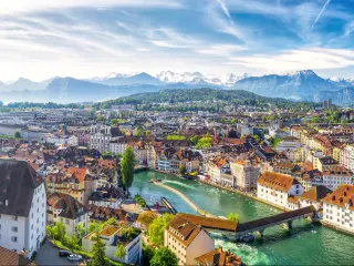 Historic city center of Lucerne with famous Chapel Bridge and lake Lucerne (Vierwaldstattersee), Canton of Luzern, Switzerland