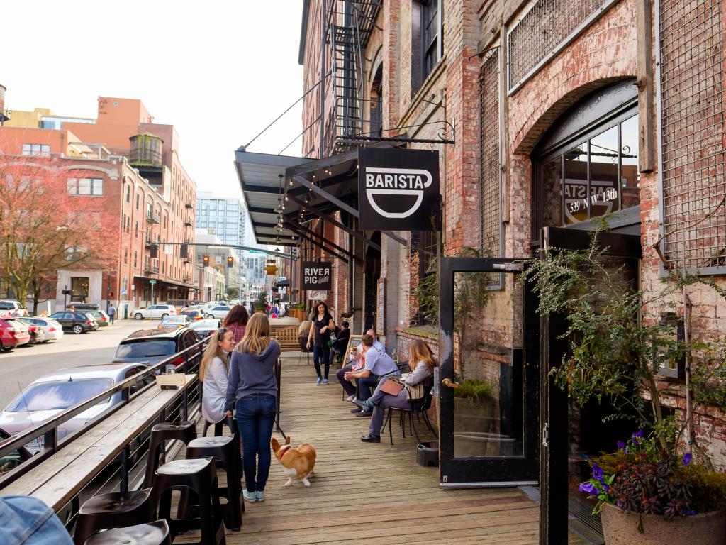 A coffee shop on a February morning in the Pearl District of Portland, Oregon