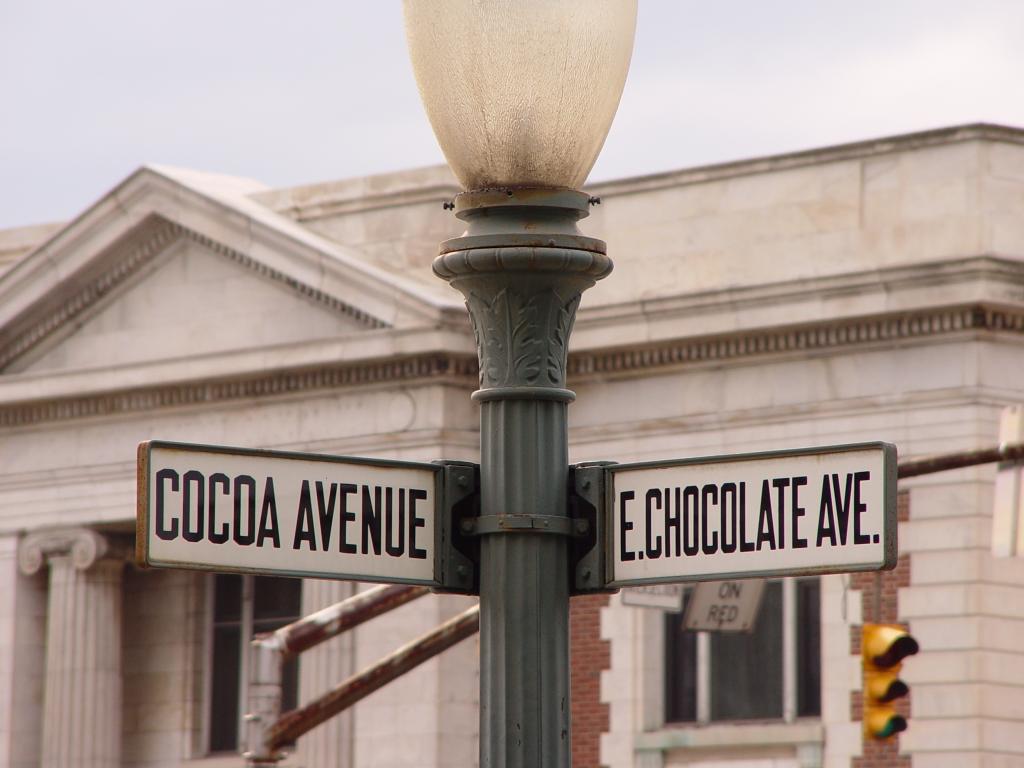 Green and white road sign at the intersection of Cocoa Avenue and East Chocolate Avenue