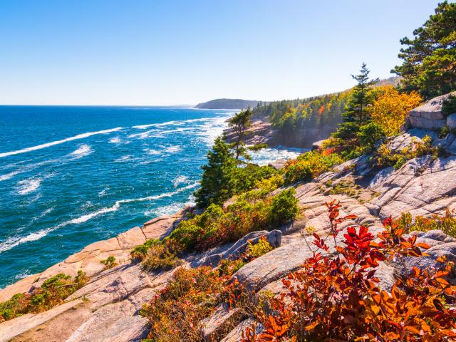 The rocky cliffs and coastline of Acadia National Park, Maine.