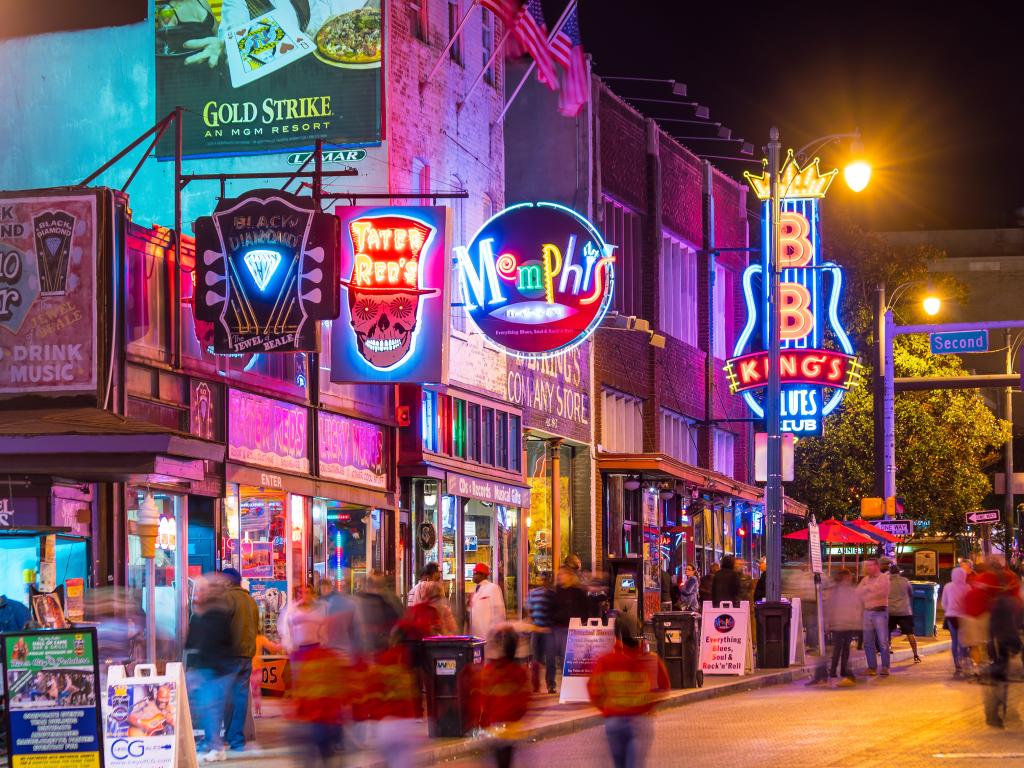 Neon lights outside blues bars along Beale Street in Memphis, Tennessee.