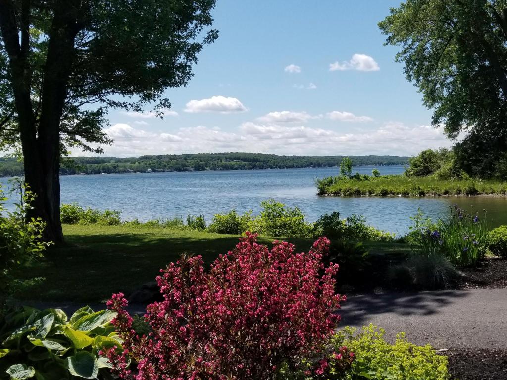View of Conesus Lake from pretty floral Vitale Park, with lake waters in the background, Lakeville, New York