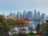 Vanvoucer skyline during fall with the reflection of skyscrapers in the water