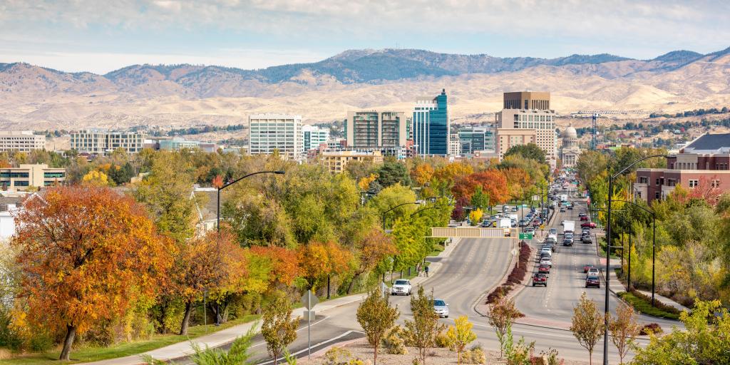 Autumn leaves in Boise, Idaho, with mountains in the background