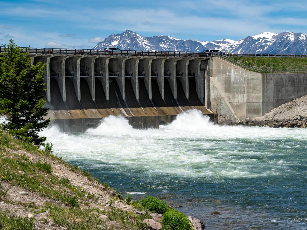 Jackson Lake Dam and Reservoir in Grand Teton National Park, USA.