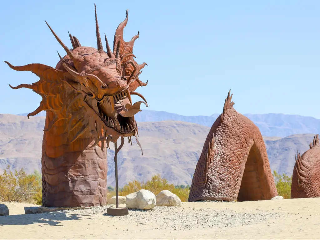 Borrego Springs, California, USA with a view of the massive snake metal sculpture at the Galleta Meadow in the Borrego Springs desert in California.