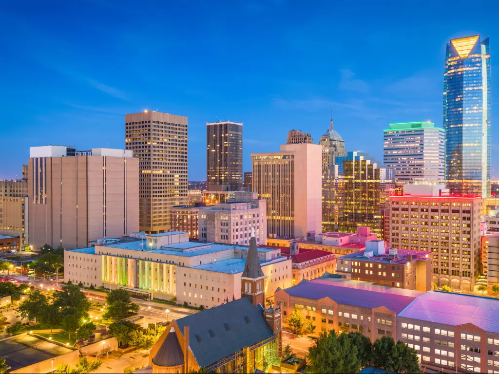 Oklahoma City, Oklahoma, USA taken with a view of downtown skyline at twilight.