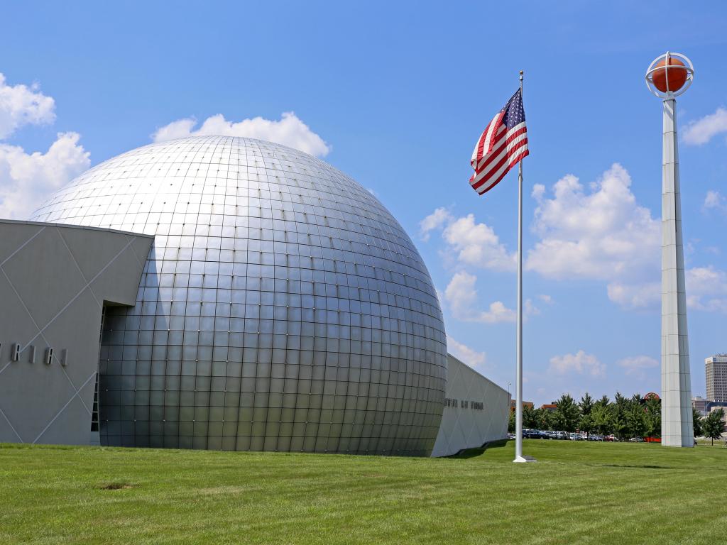 The distinctive architecture of the Naismith Memorial Basketball Hall of Fame, Springfield, MA, on a sunny day