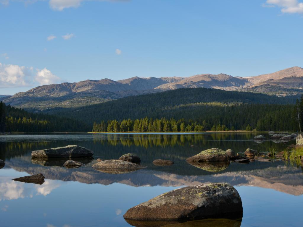 Bighorn National Forest, Wyoming with West Tensleep Lake in the foreground with rocks in the water, and the forest and hills in the distance on a sunny day.