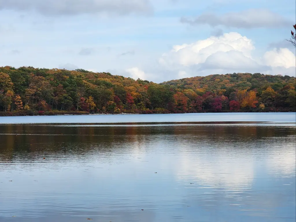 Wide view of Sunfish Pond waters with woodland in the background circling the lake, New Jersey