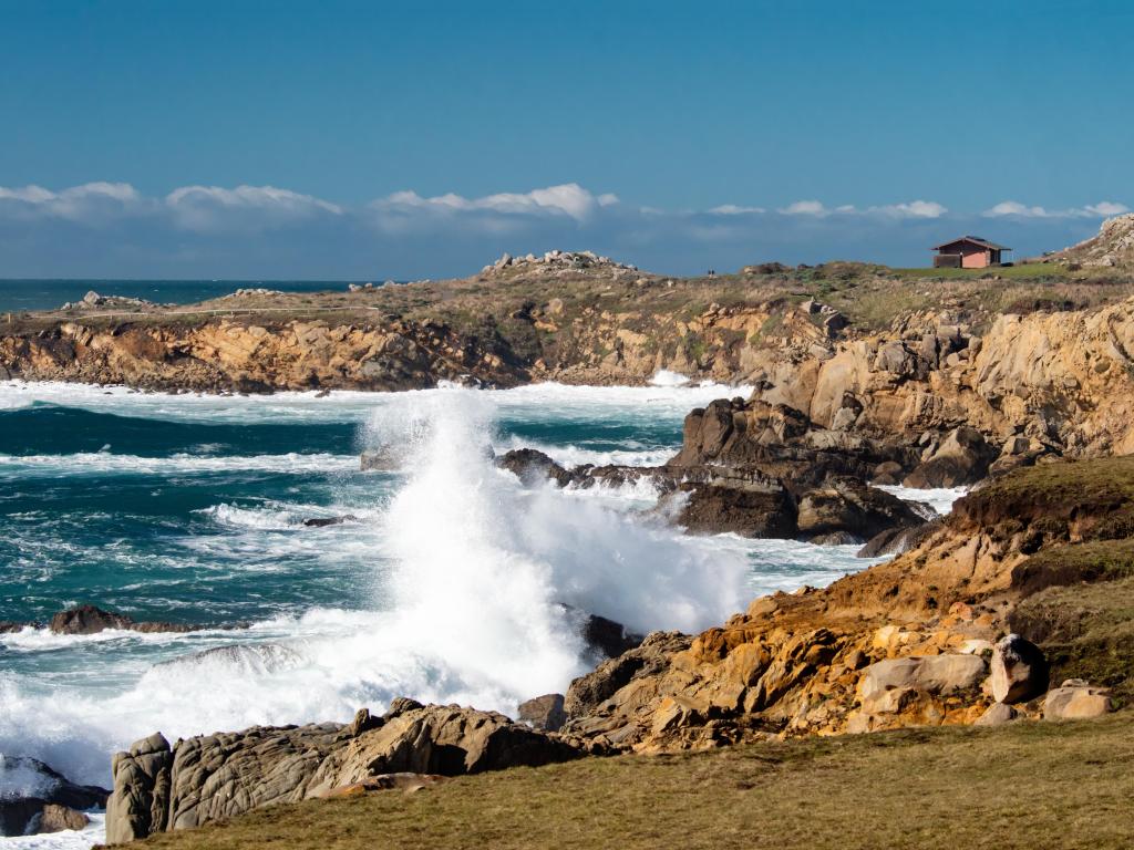 Waves crashing against the rocky shore at Salt Point State Park, near Timber Cove, California