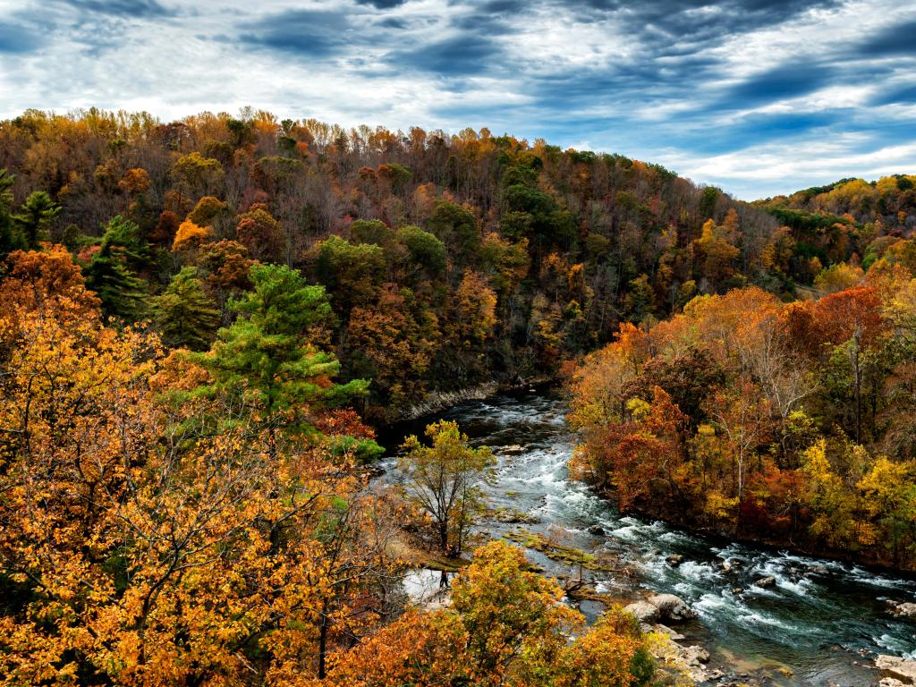 The Roanoke River cloaked in autumn beauty along the Blue Ridge Parkway National Park, Virginia, USA