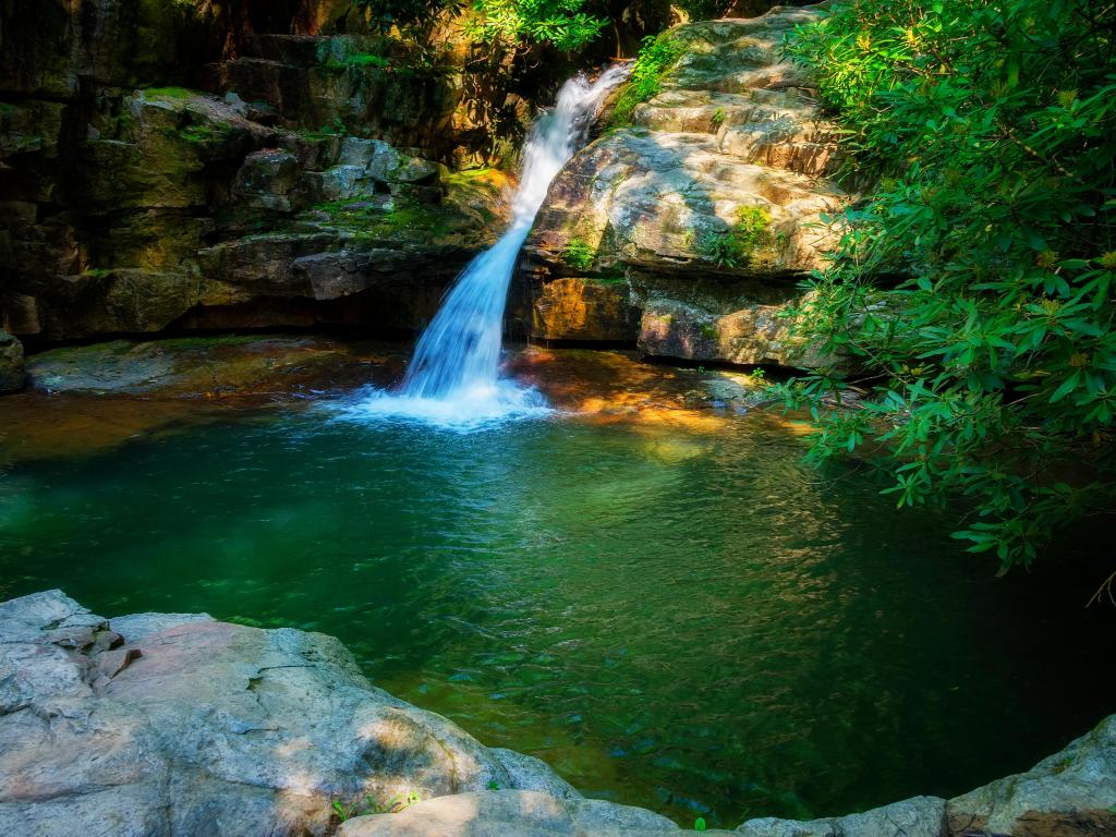 Cherokee National Forest in Elizabethtown, Tennessee, USA taken at Blue Hole Waterfalls with rocks surrounded the stunning water and greenery.