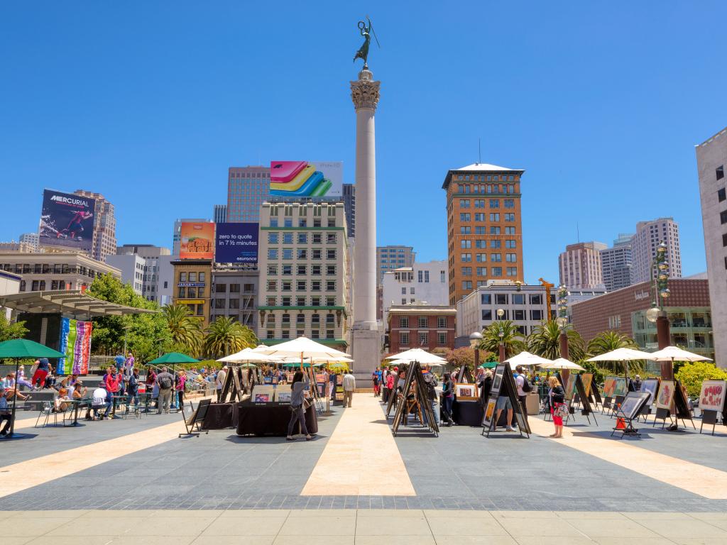 San Francisco's Union Square with cafe tables in the sun