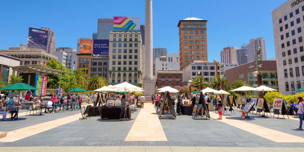 San Francisco's Union Square with cafe tables in the sun