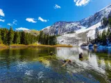 Beautiful mountain landscape on a bright sunny day, with mountains and woodlands reflected in the waterfront, Telluride, USA