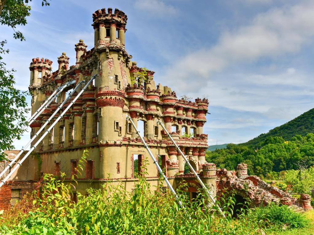 Bannerman Castle Armory (ruins) on Pollepel Island in the Hudson River, New York. Photo taken on a partially cloudy day.