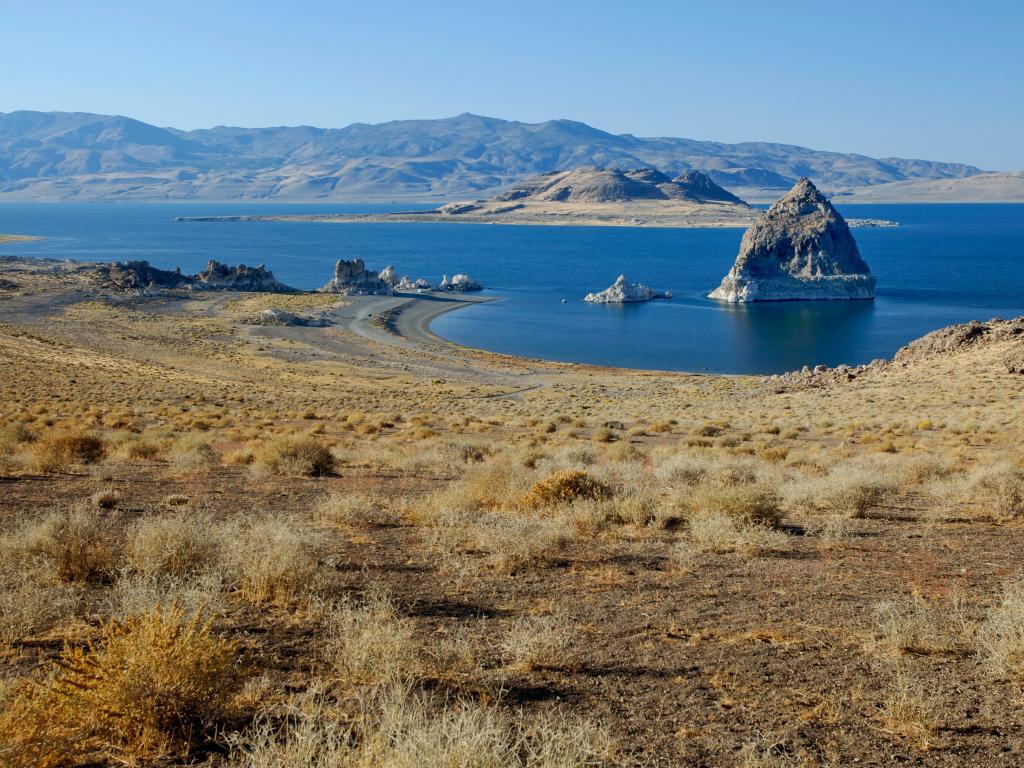 Pyramid Rock in Pyramid Lake Nevada, with vegetation in the foreground 