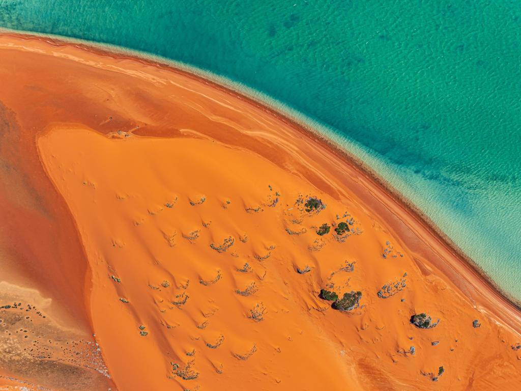 An aerial view of sand dunes and the beach in the Shark Bay region of Western Australia