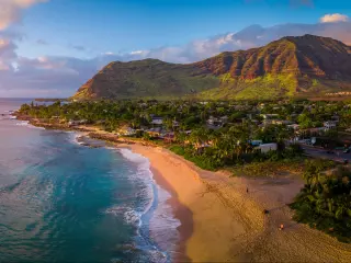 Aerial panorama of the West coast of Oahu, area of Papaoneone beach. Hawaii, USA