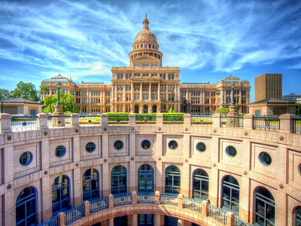 Austin, Texas, USA with a view of the Texas State Capitol Building on a sunny day.