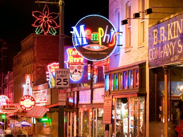 Colorful neon signs at night on Beale Street