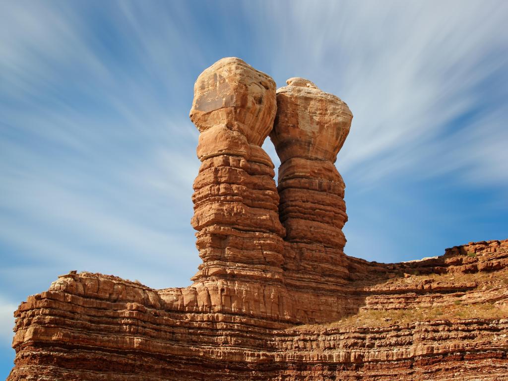 Twin rocks geologic formation in the historic pioneer town of Bluff on a sunny day