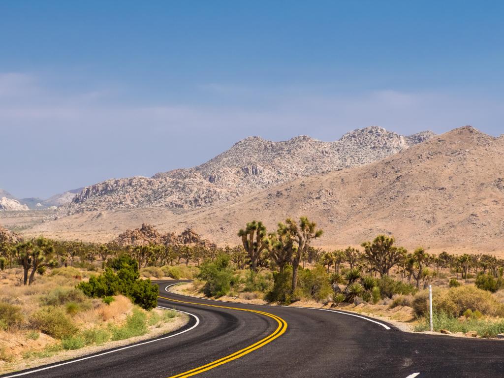 Road passing through the desert in Joshua Tree National Park, with mountains in the background and blue sky above