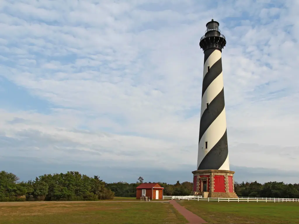 Clear shot of the unusual black and white diagonal pattern of Cape Hatteras lighthouse, at Buxton on the Outer Banks of North Carolina