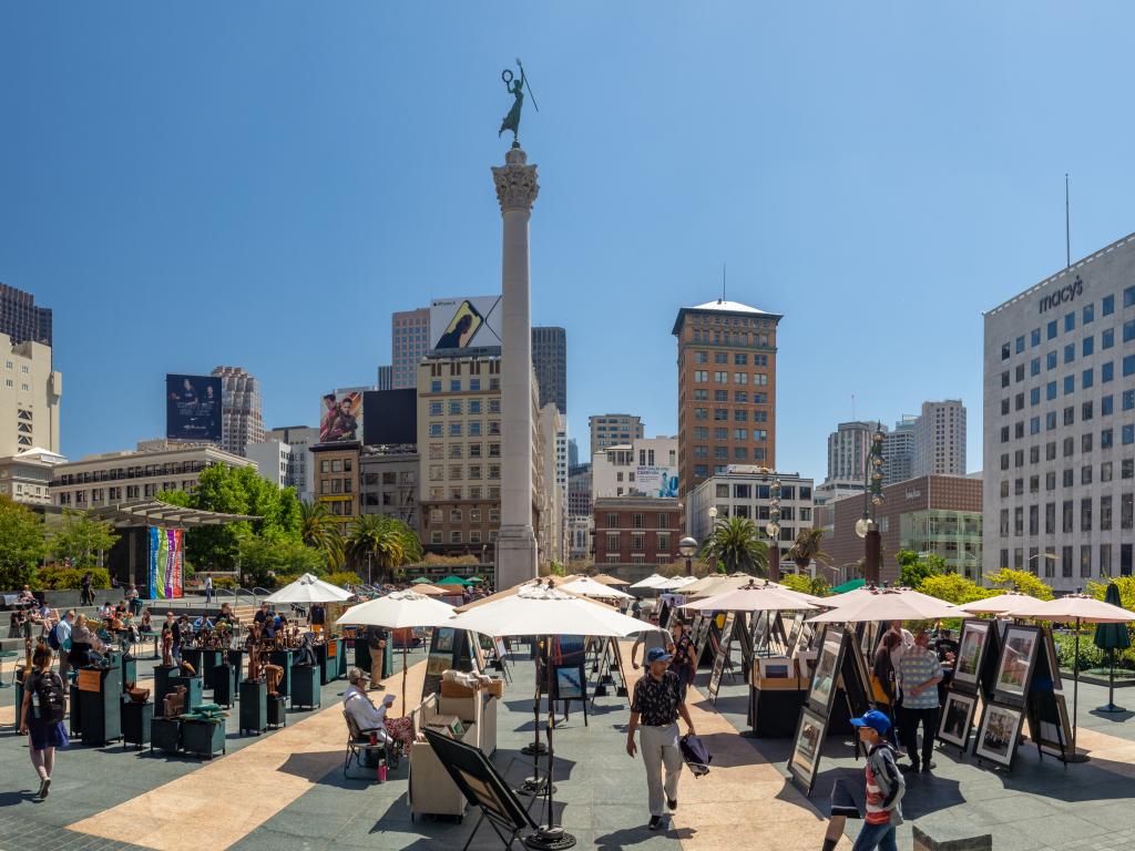 Market stalls on Union Square in San Francisco - a great place to start the 49 Mile Scenic Drive.