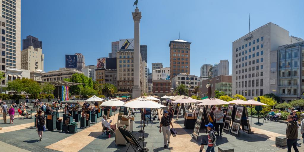Market stalls on Union Square in San Francisco - a great place to start the 49 Mile Scenic Drive.