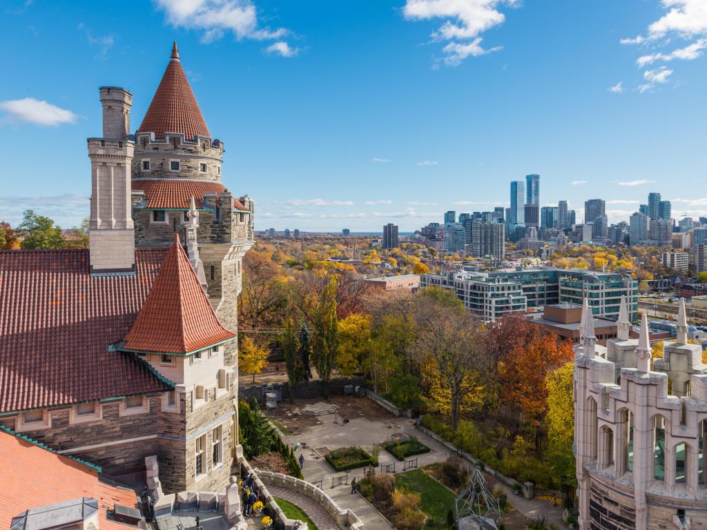 Casa Loma, Toronto, Canada taken from the towers of Casa Loma toward the Toronto skyline in the distance on a sunny day.