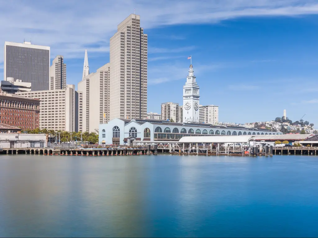 View of the San Francisco Ferry Building and the city skyline from San Francisco Bay