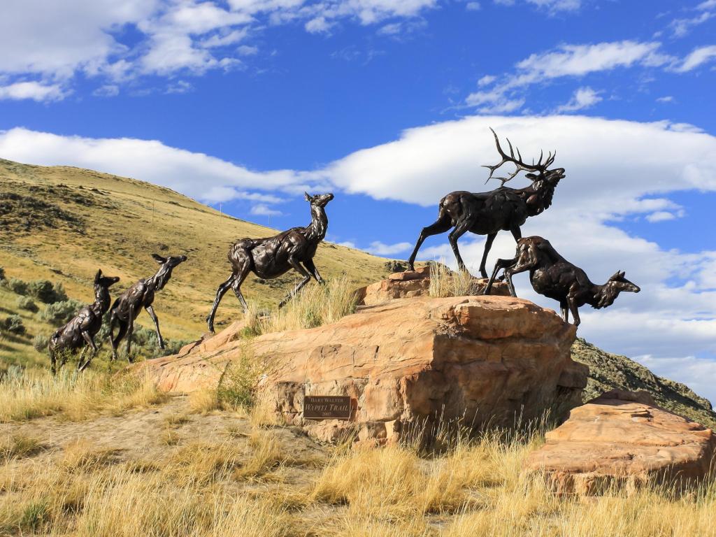Bart Walter bronze sculpture of running deer on the Wapiti Trail on a sunny day