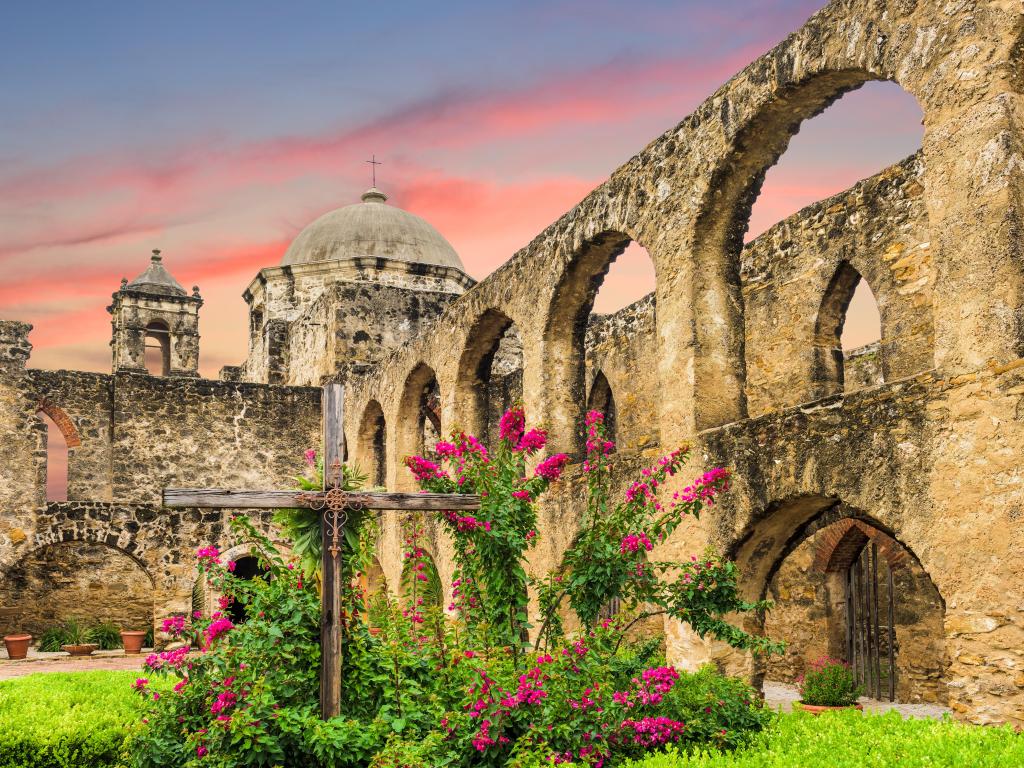 Mission San Jose in San Antonio during sunset, flowers growing in front of the ruins