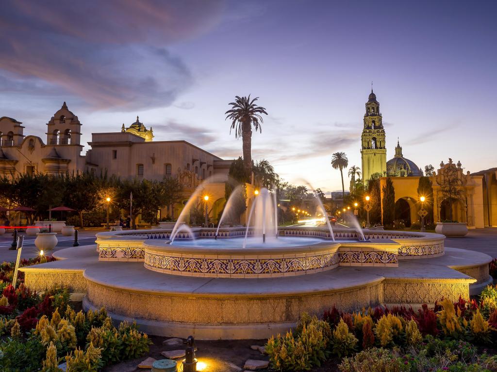 Balboa Park San Diego at twilight with fountains in the foreground