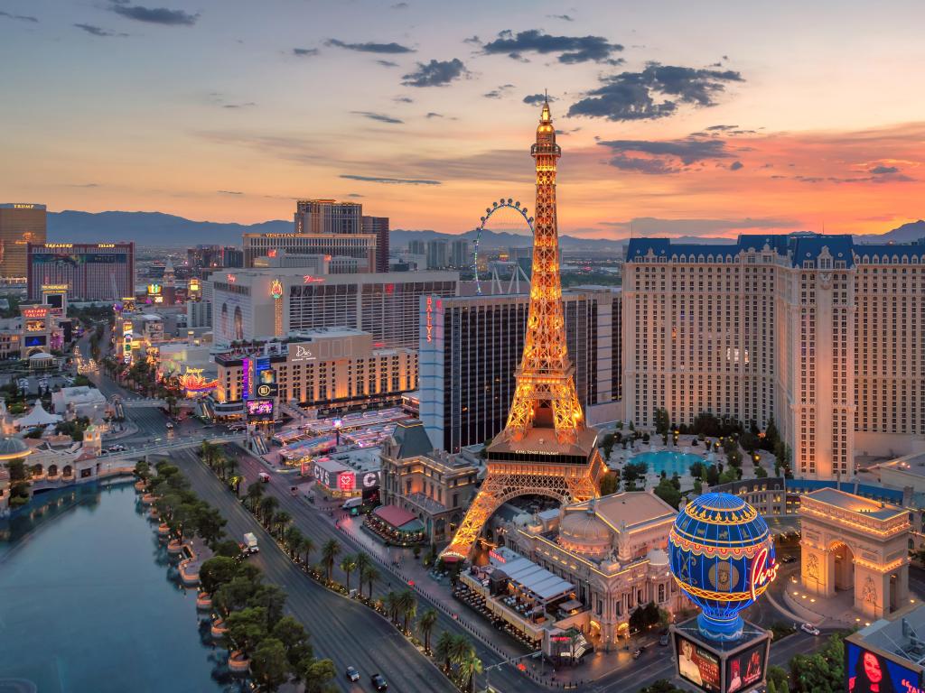 Bright lights of the Las Vegas Strip at sunrise