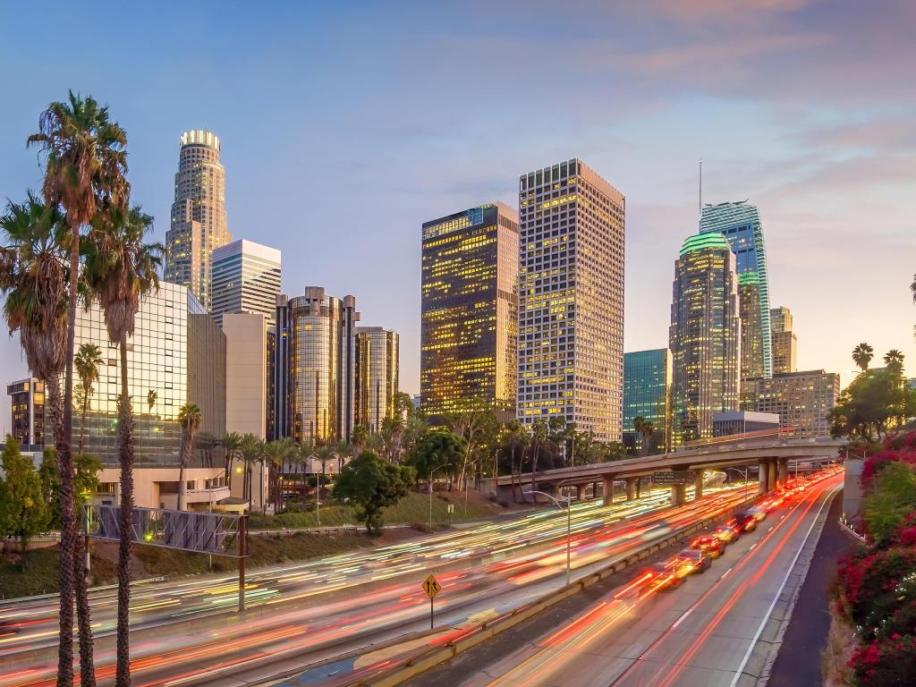 Beautiful sunset of Los Angeles downtown skyline in CA, USA