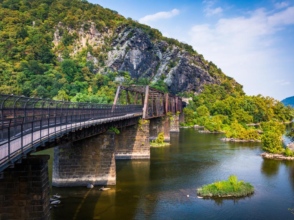 Bridge over the Potomac River and view of Maryland Heights, in Harper's Ferry, West Virginia.
