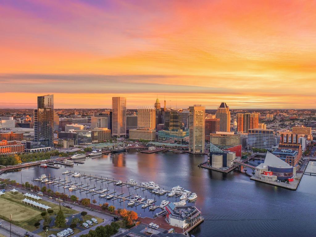 Baltimore, Maryland, Inner Harbor Skyline Aerial at sunset