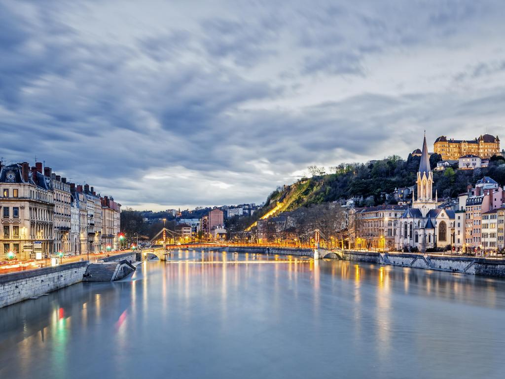 Saone river in Lyon city at evening, France.