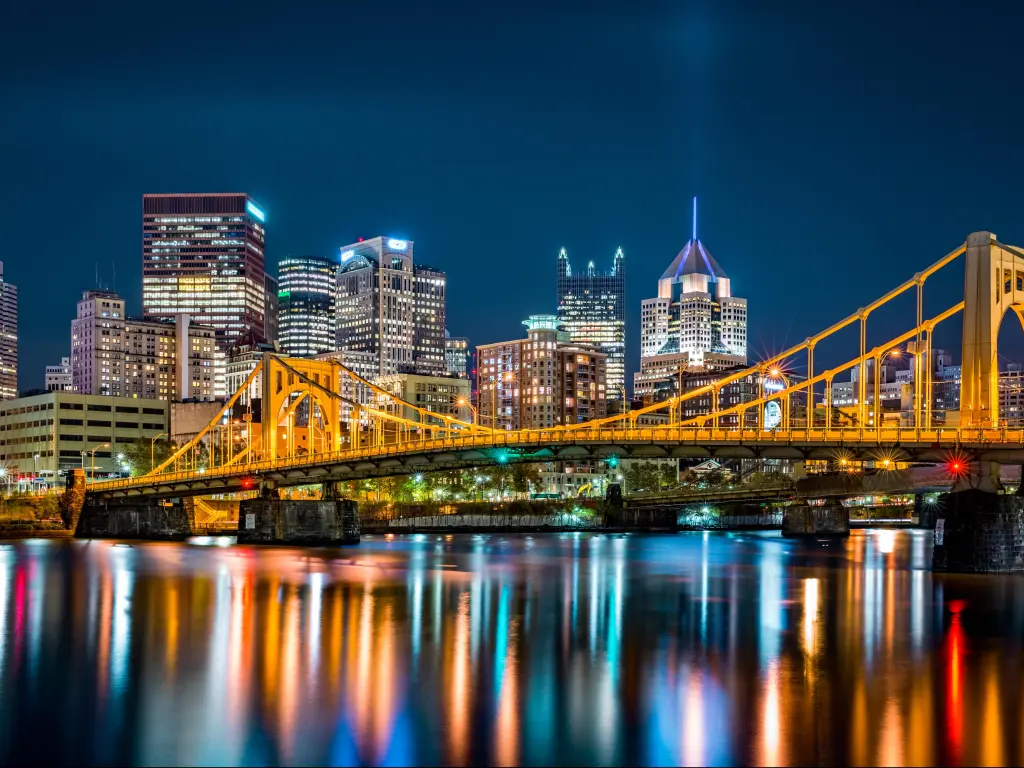 Rachel Carson Bridge spans Allegheny river in Pittsburgh, Pennsylvania in the evening