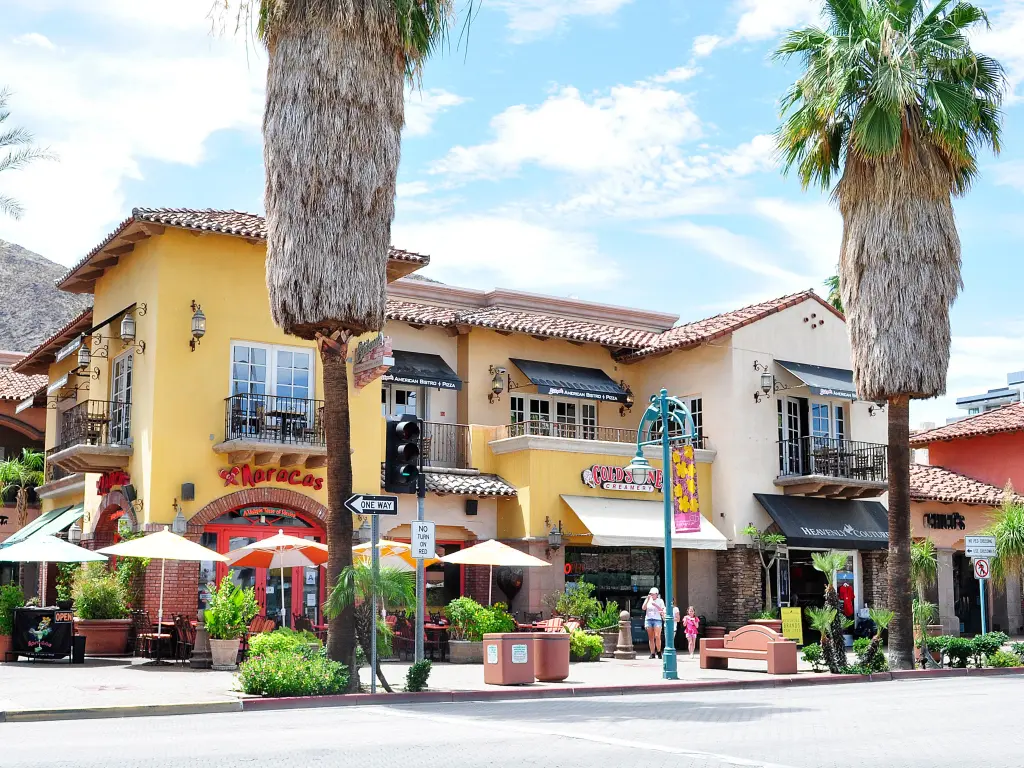 Exterior of restaurants and shops in downtown Palm Springs